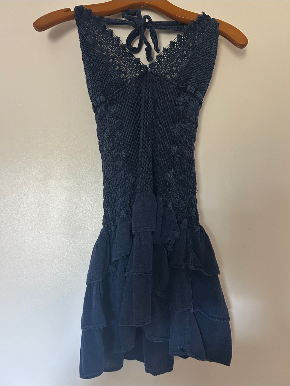 Navy Crochet Tiered Ruffle Casual Dress